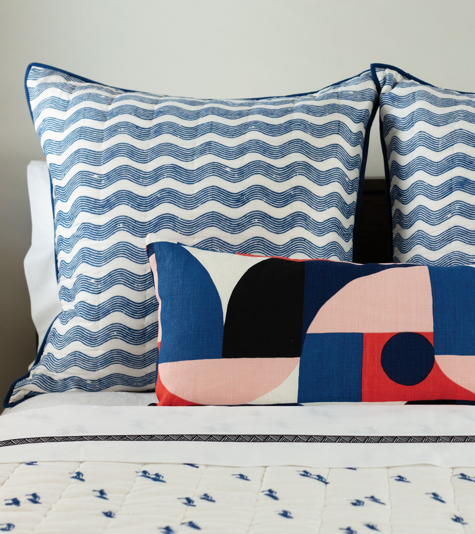 Andrew Mau x Averylily Surfer Blockprint Euro Sham in Ocean. 