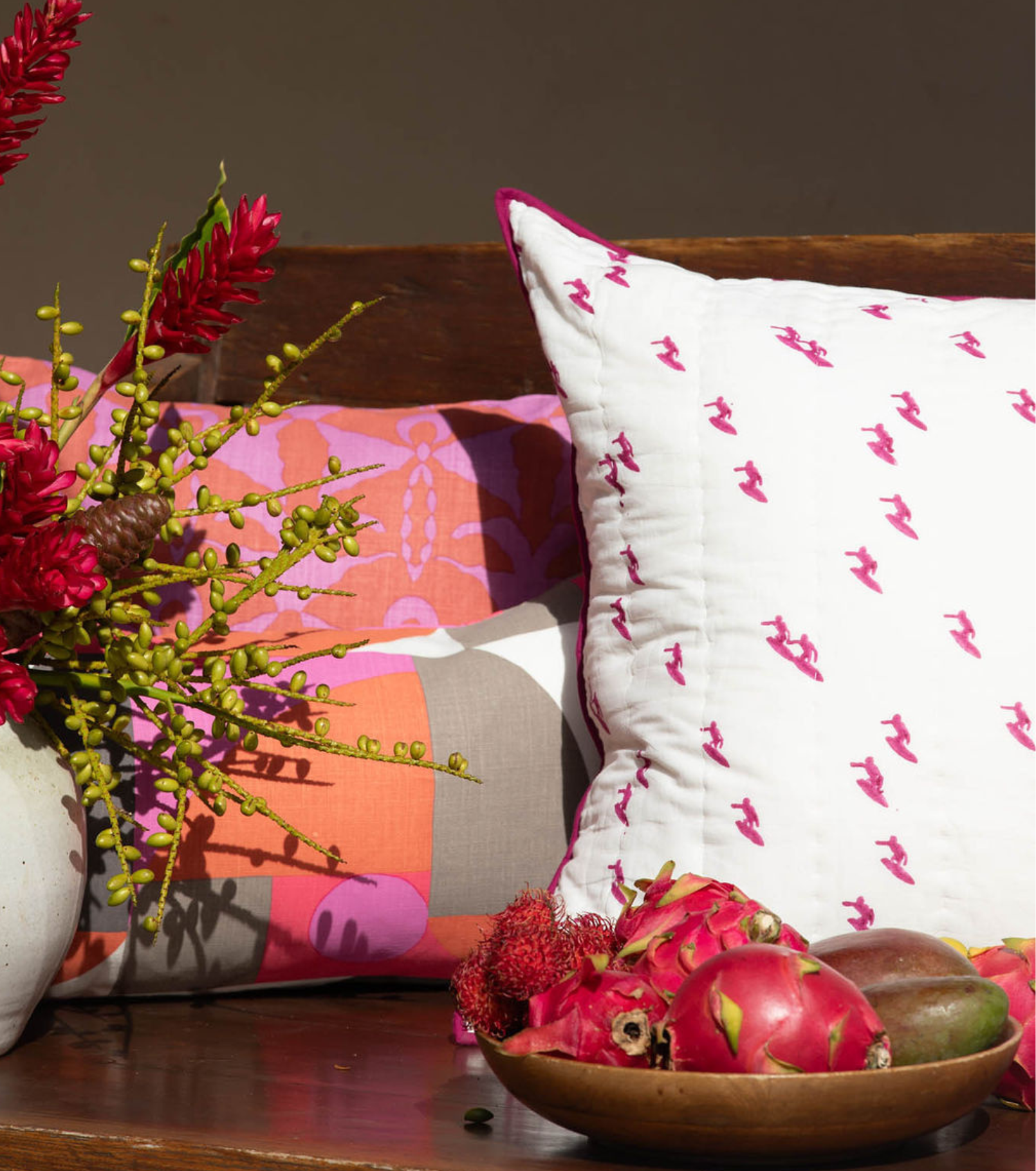 Andrew Mau x Averylily Surfer Blockprint Euro Sham in Orchid, styled with Serena Dugan Studio pillows.