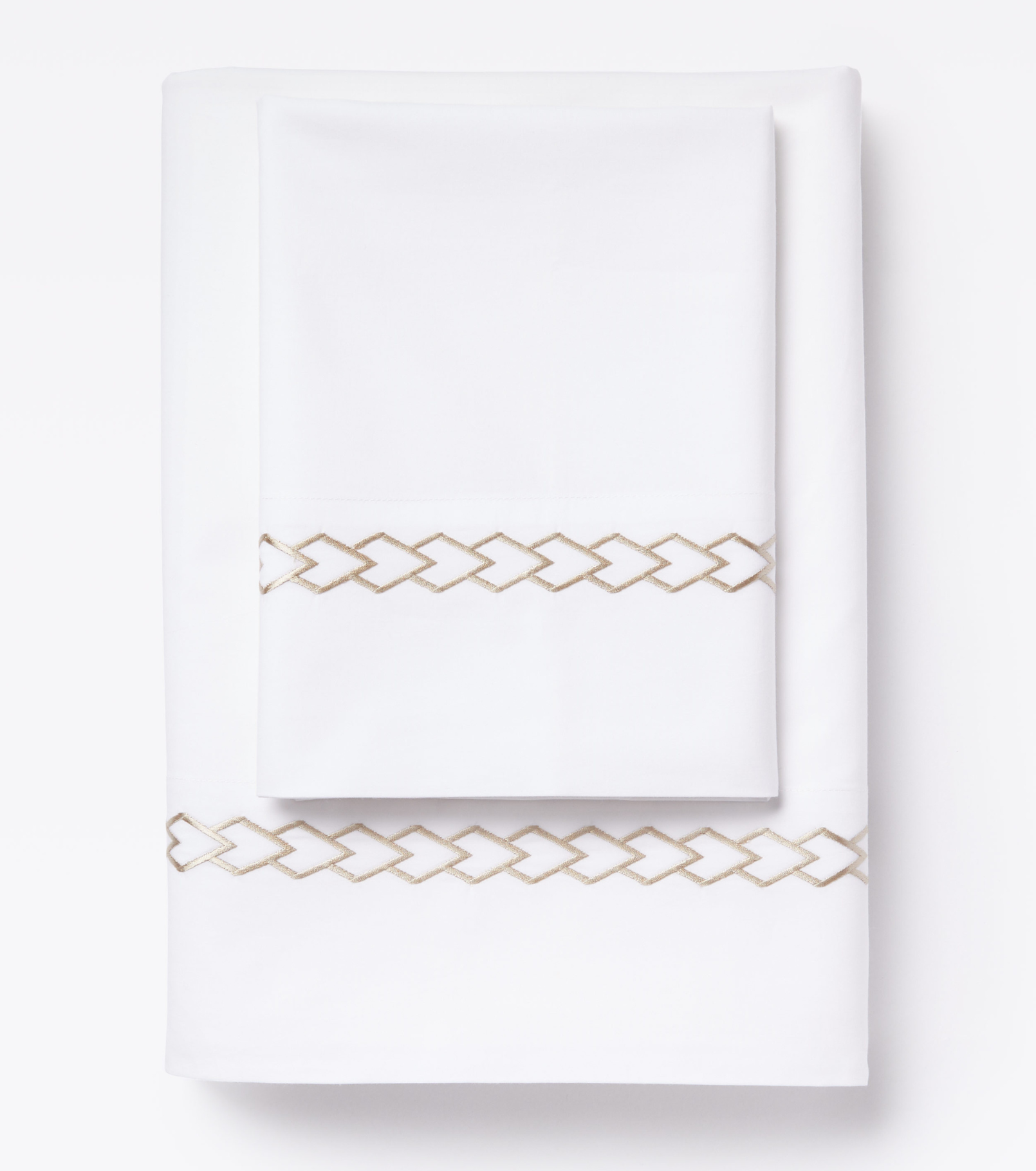 Averylily Waterfall Sheet Set in White with embroidered details in Sand. 510-thread cotton pure cotton percale.