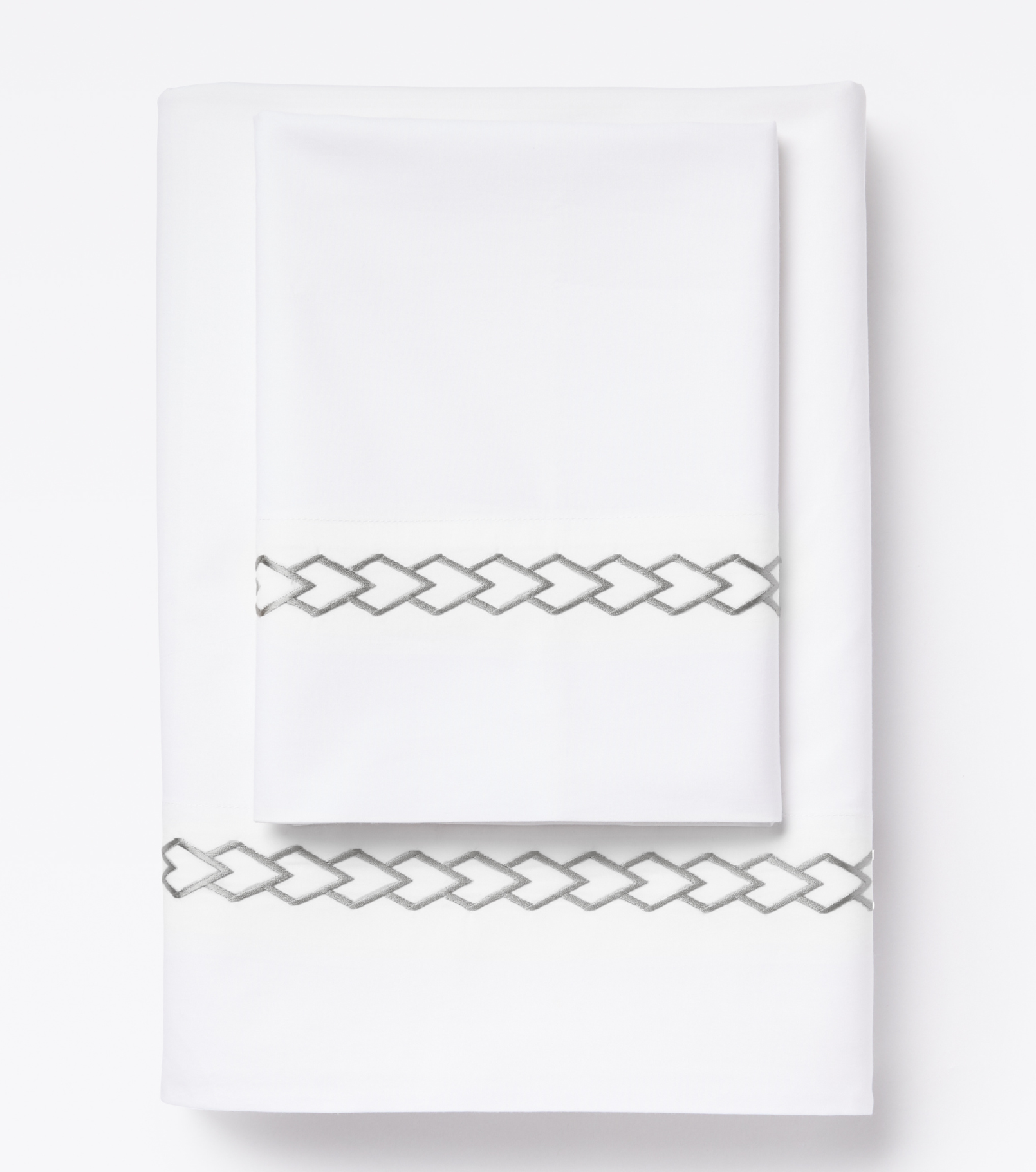 Averylily Waterfall Sheet Set in White with embroidered details in Stone. 510-thread cotton pure cotton percale.