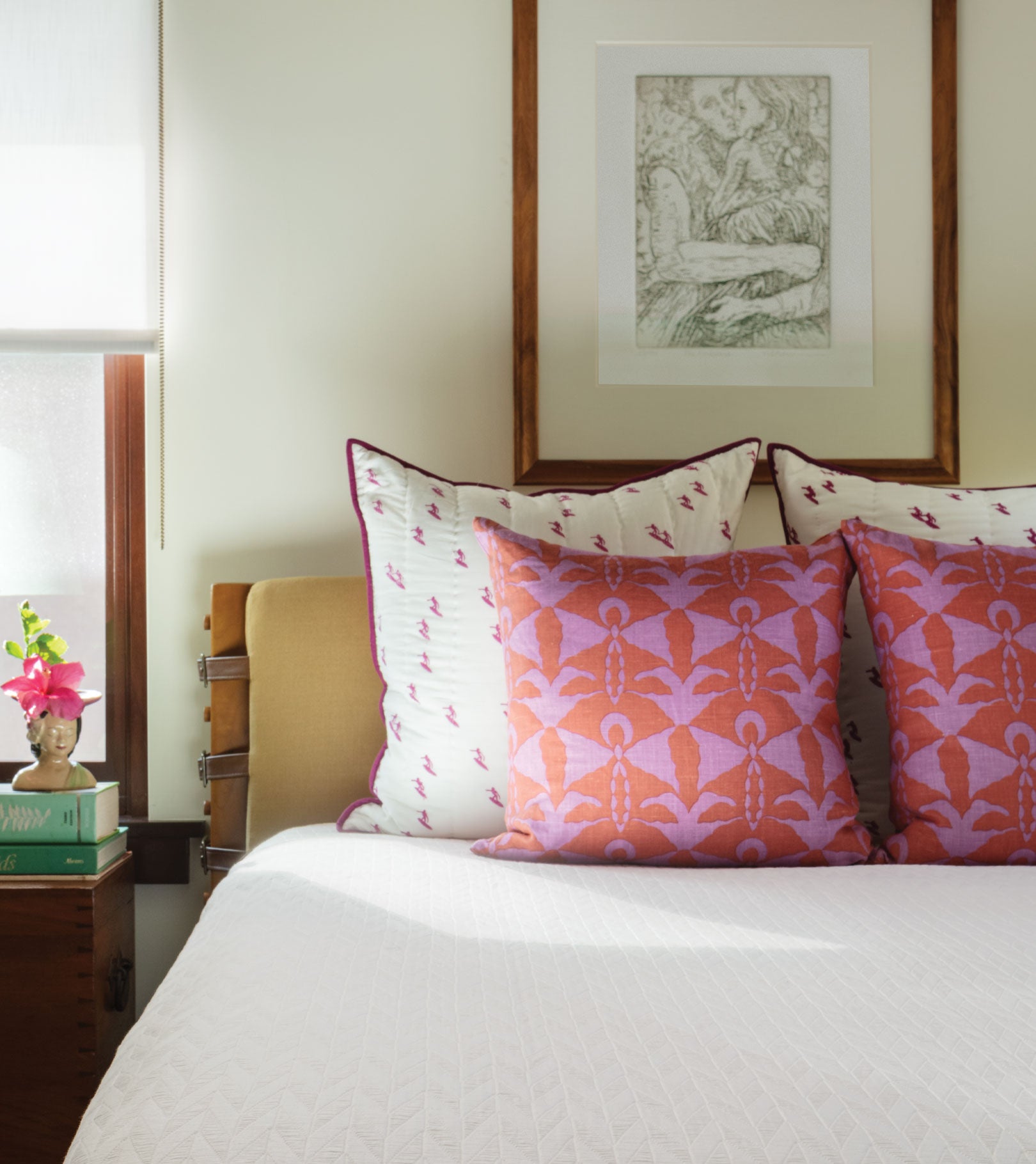 Averylily pure cotton matelassé coverlet in Cloud. Styled with Andrew Mau x Averylily Surfer Euro Shams and Serena Dugan Studio pillows.