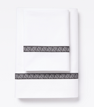 Averylily Weave Sheet Set in White with embroidered trim in Basalt. 510-thread count pure cotton percale.