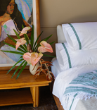 Averylily Weave Sheet Set in White with embroidered trim in Palm Green.