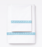 Averylily Weave Sheet Set in White with embroidered trim in Sky Blue. 510-thread count pure cotton percale.
