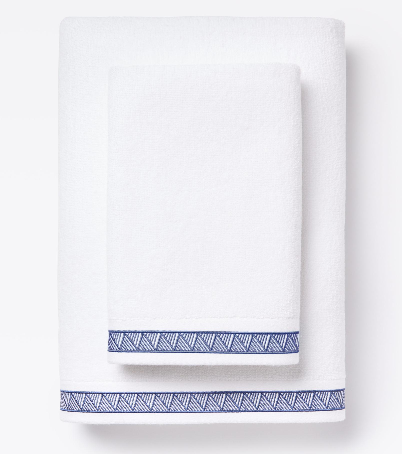 Averylily Weave Hand and Bath Towels in White with Ocean Blue trim, made from 600-gram weight pure Aegean cotton. 