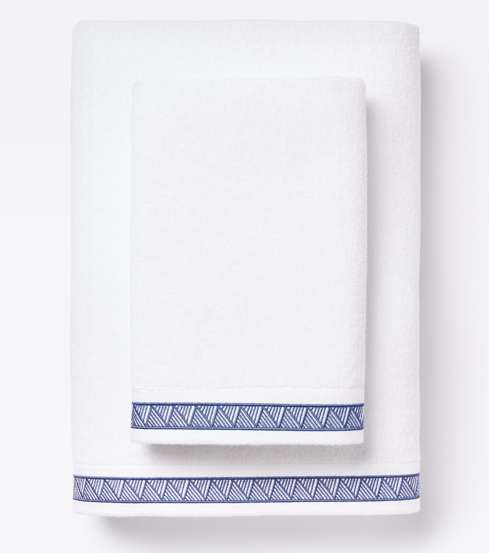 Averylily Weave Hand and Bath Towels in White with Ocean Blue trim, made from 600-gram weight pure Aegean cotton.