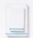 Averylily Weave Hand and Bath Towels in White with Sky Blue trim, made from 600-gram weight pure Aegean cotton.