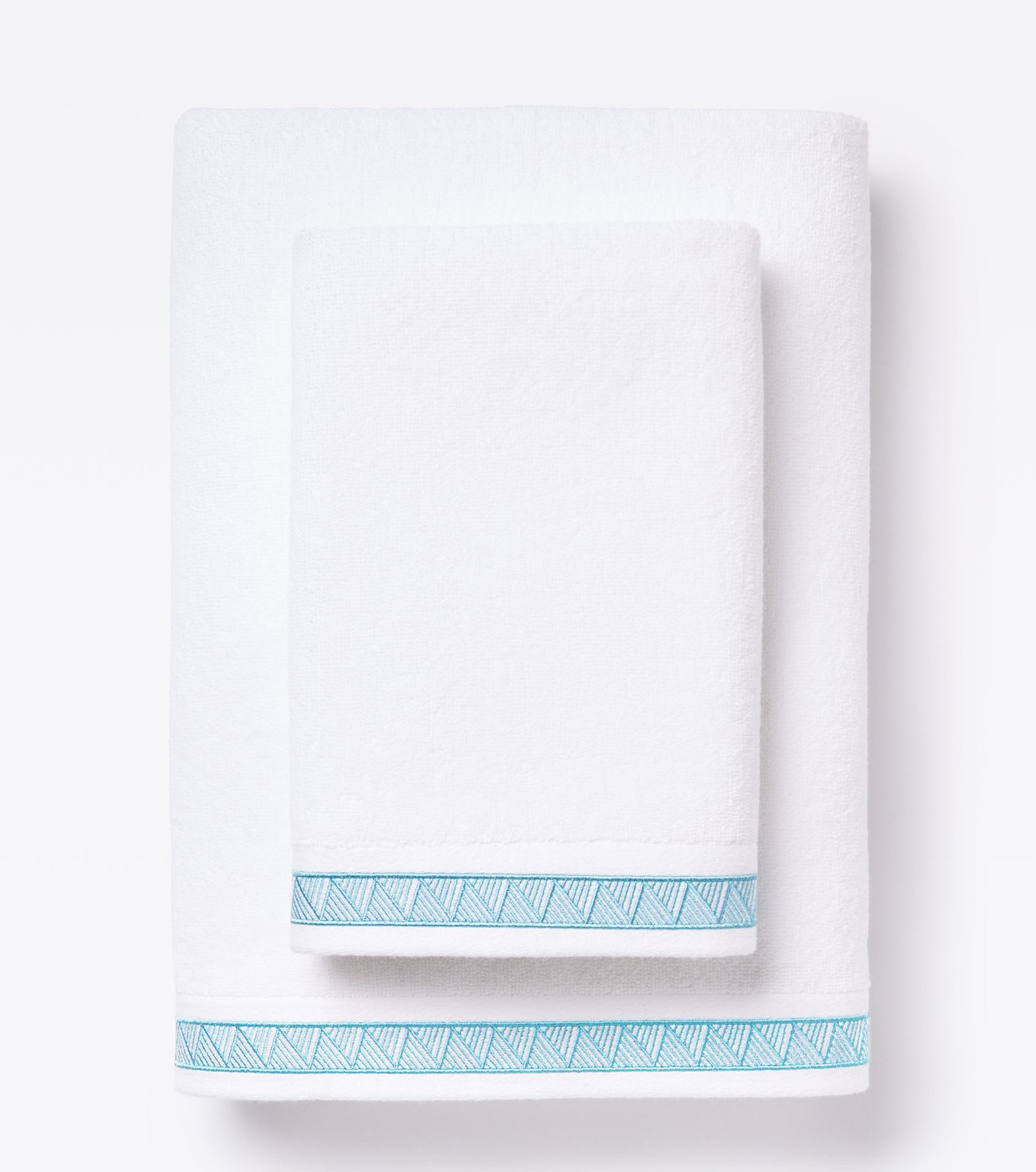 Averylily Weave Hand and Bath Towels in White with Sky Blue trim, made from 600-gram weight pure Aegean cotton.