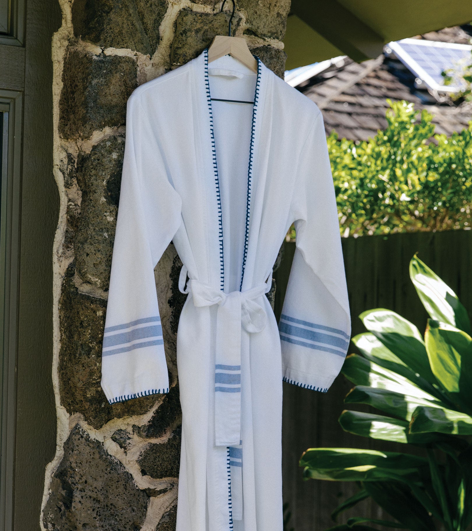 Averylily Turkish Cotton Stripe Bathrobe in White with Ocean Blue details.
