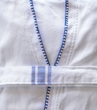 Averylily Turkish Cotton Stripe Bathrobe in White with Ocean Blue details.