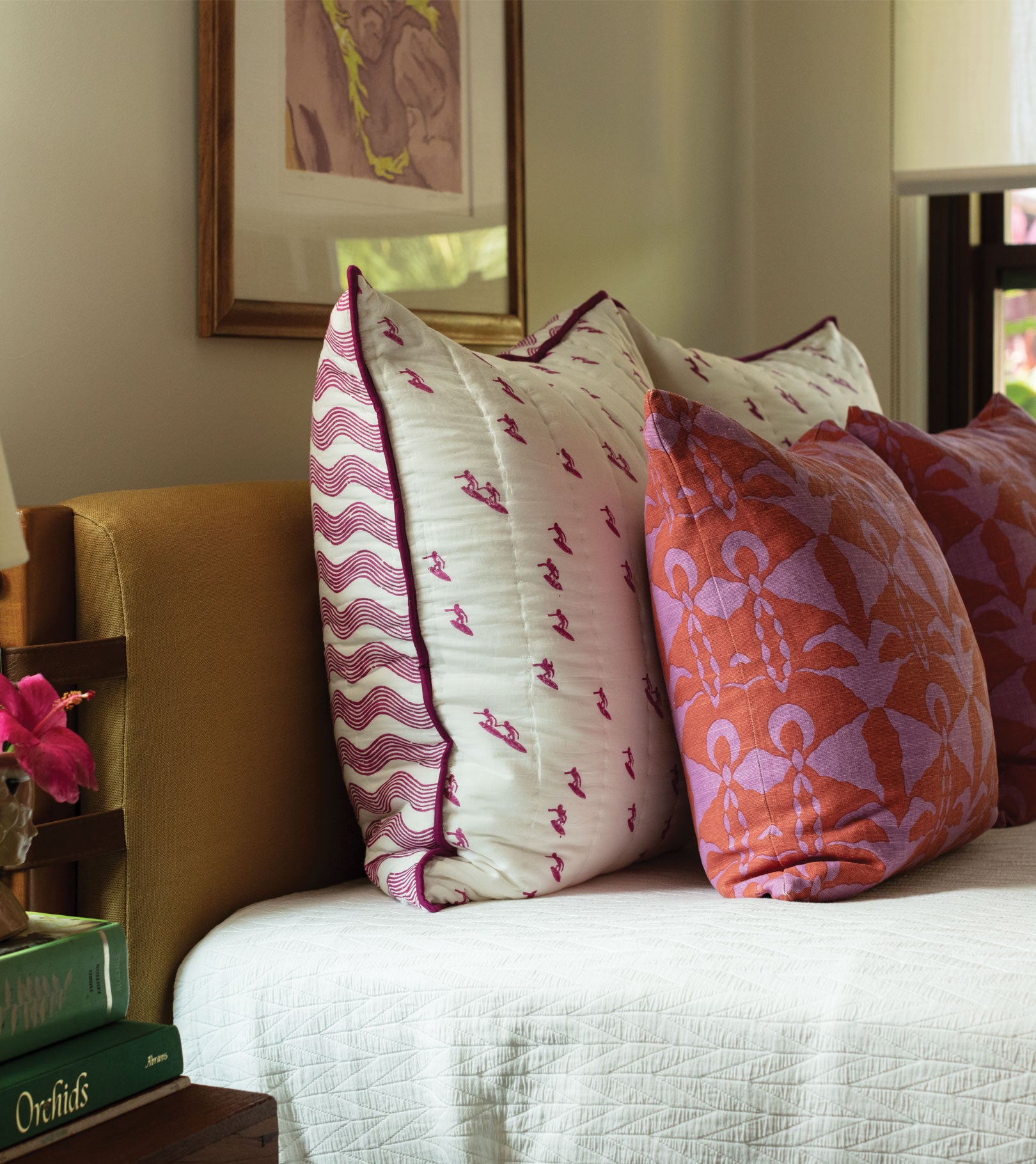 Andrew Mau x Averylily Surfer Blockprint Euro Sham in Orchid. 