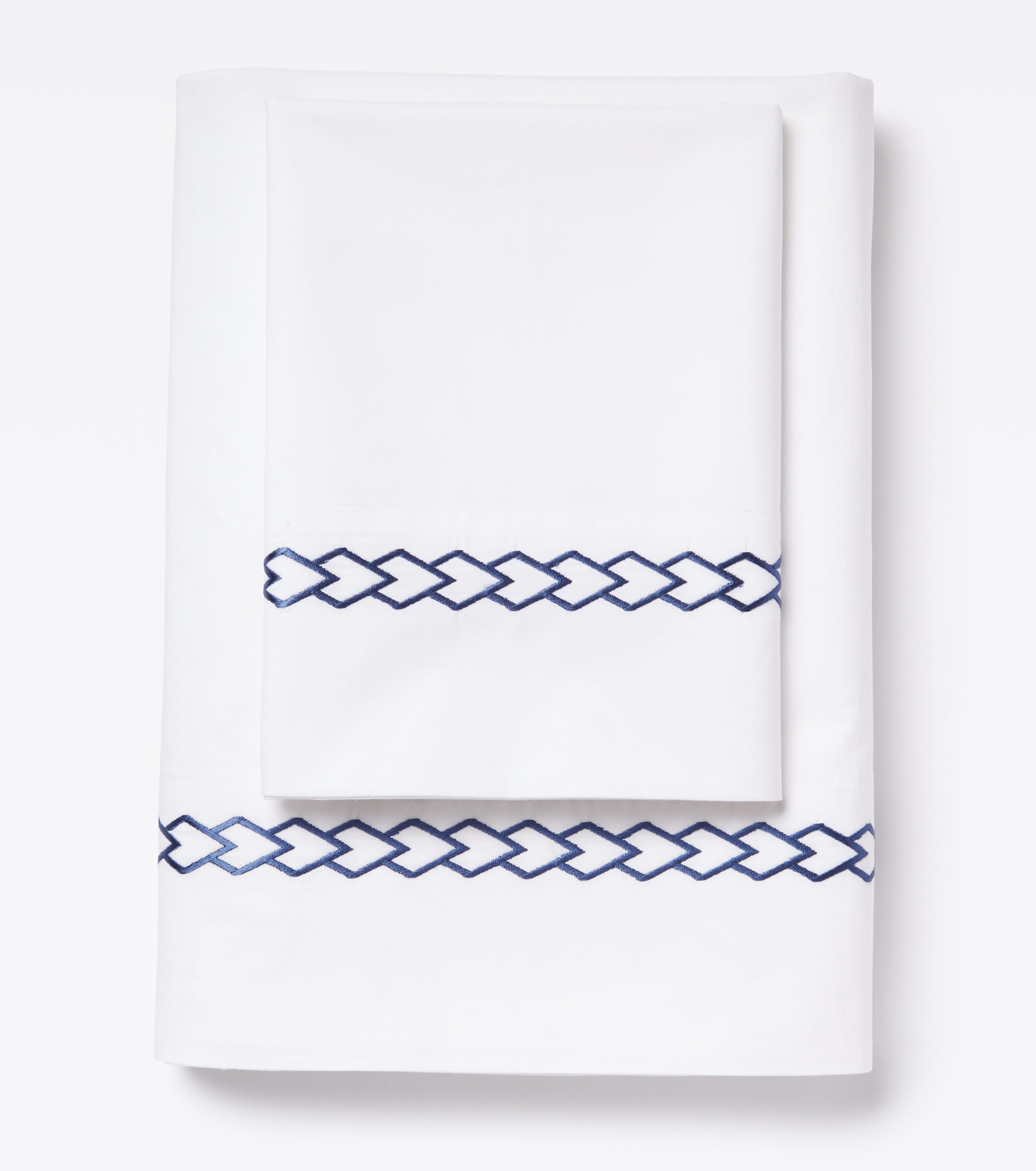 Averylily Waterfall Sheet Set in White with embroidered details in Ocean Blue. 510-thread cotton pure cotton percale.