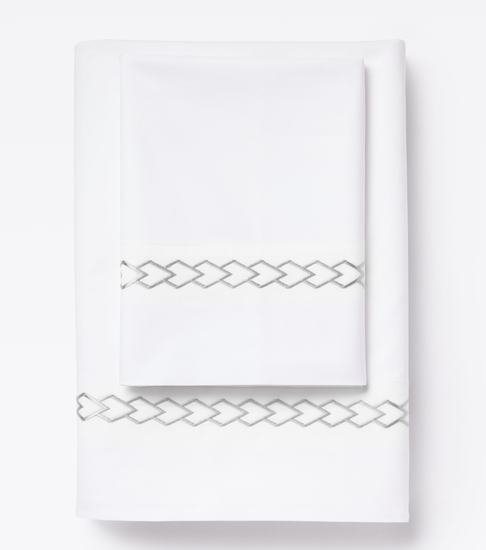 Averylily Waterfall Sheet Set in White with embroidered details in Stone. 510-thread cotton pure cotton percale.