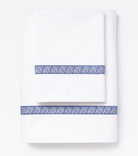 Averylily Weave Sheet Set in White with embroidered trim in Ocean Blue. 510-thread count pure cotton percale.