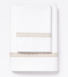 Averylily Weave Sheet Set in White with embroidered trim in Sand. 510-thread count pure cotton percale.