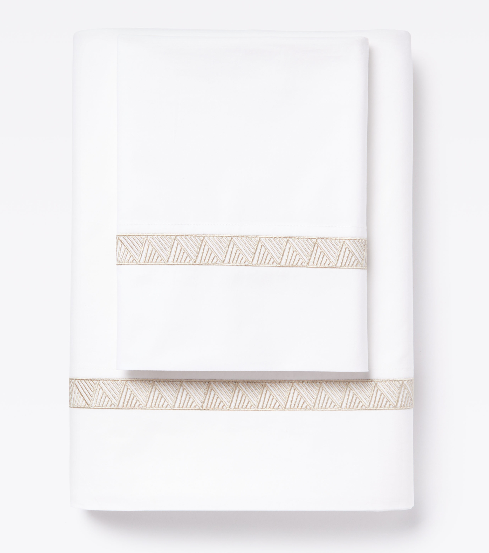 Averylily Weave Sheet Set in White with embroidered trim in Sand. 510-thread count pure cotton percale.