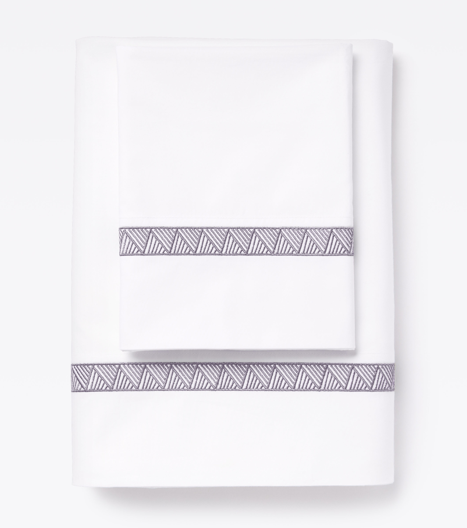 Averylily Weave Sheet Set in White with embroidered trim in Stone Grey. 510-thread count pure cotton percale.