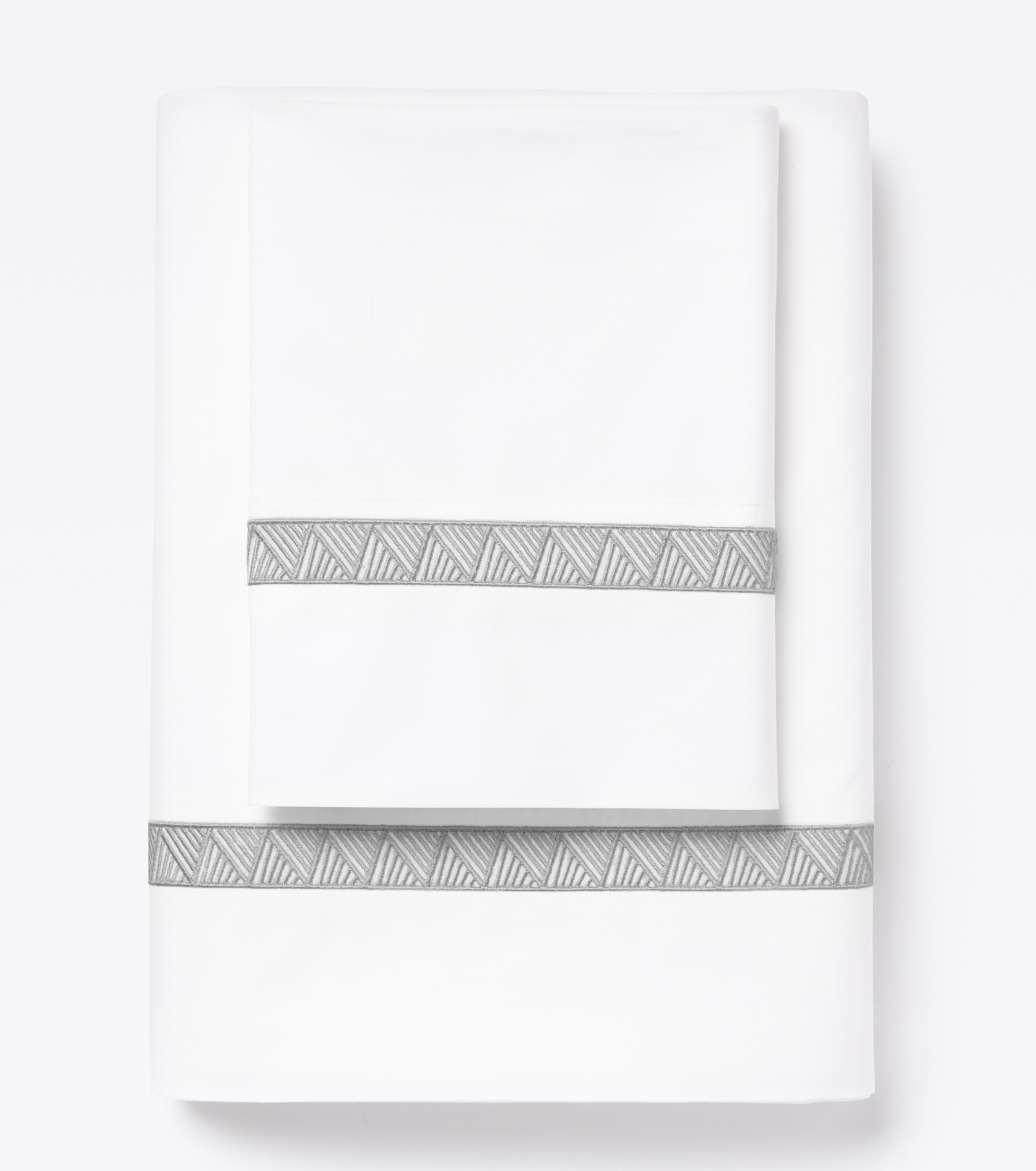 Averylily Weave Sheet Set in White with embroidered details in Stone. 510-thread cotton pure cotton percale.