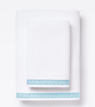 Averylily Weave Hand and Bath Towels in White with Sky Blue trim, made from 600-gram weight pure Aegean cotton. 