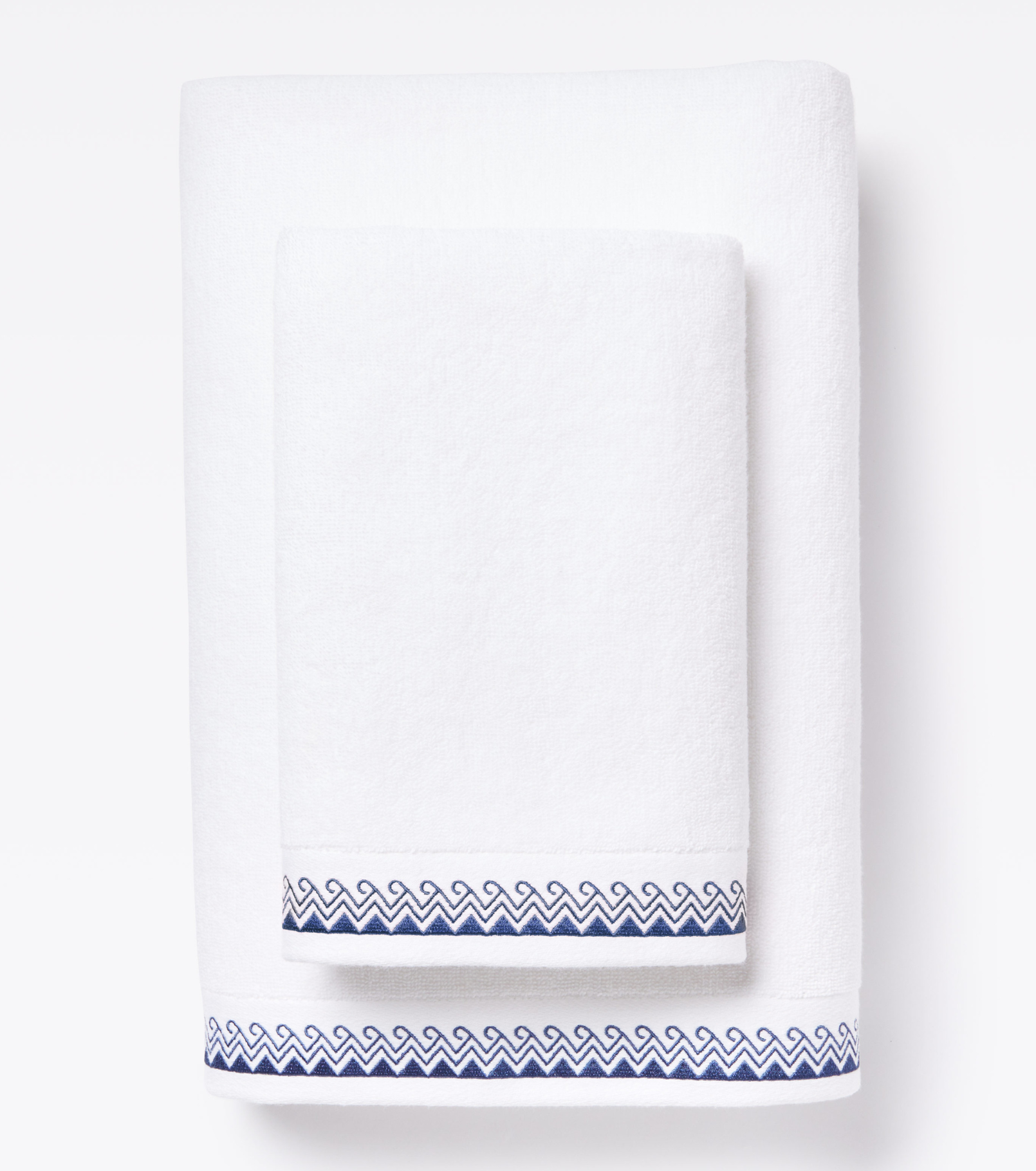Averylily Wind + Wave Bath and Hand Towels in White with Ocean Blue trim, made from 600-gram weight pure Aegean cotton.