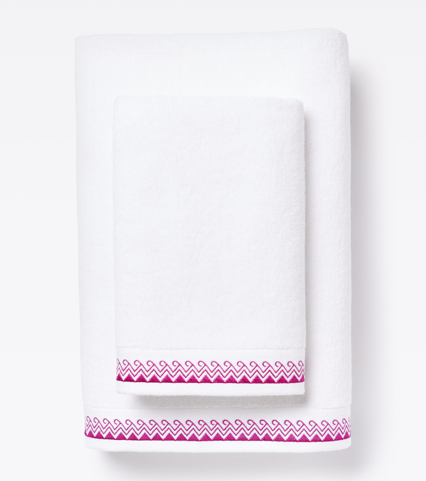 Averylily Wind + Wave Bath and Hand Towels in White with Orchid Pink trim, made from 600-gram weight pure Aegean cotton.