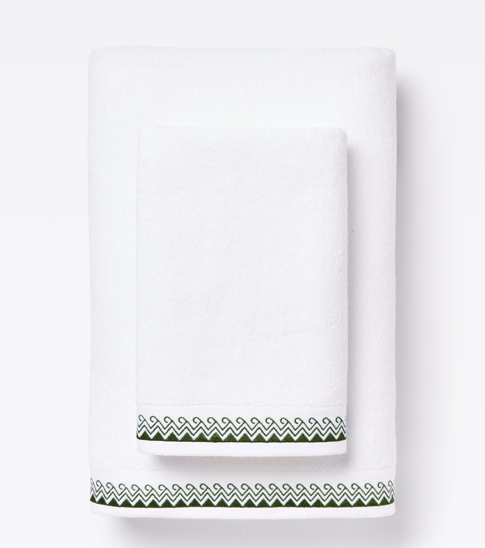 Averylily Wind + Wave Bath and Hand Towels in White with Palm Green trim, made from 600-gram weight pure Aegean cotton.