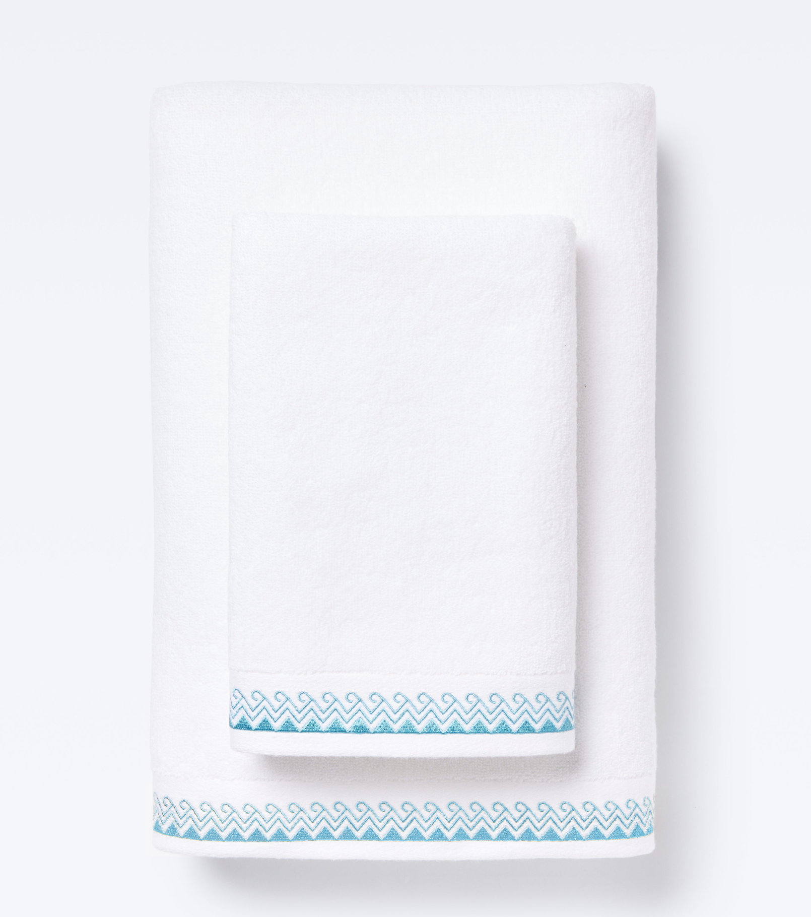 Averylily Wind + Wave Bath and Hand Towels in White with Sky Blue trim, made from 600-gram weight pure Aegean cotton.
