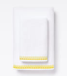 Averylily Wind + Wave Bath and Hand Towels in White with Yellow Sun trim, made from 600-gram weight pure Aegean cotton.